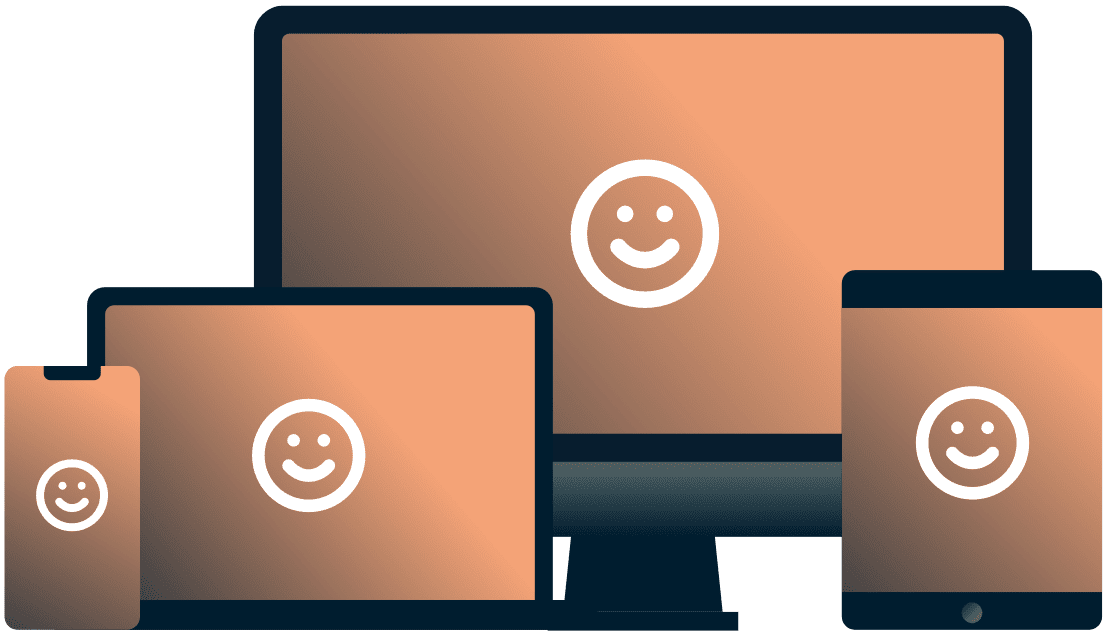 Vari dispositivi con facce sorridenti.