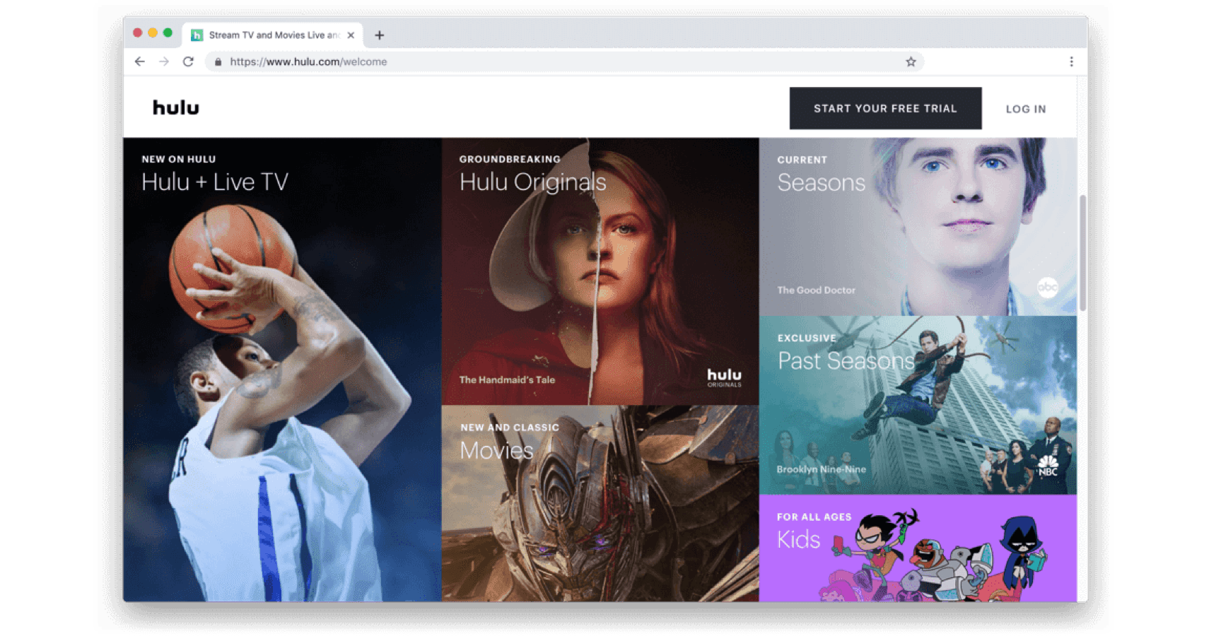 Ekran powitalny Hulu z miniaturkami program&oacute;w. 